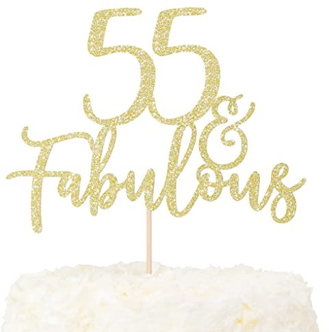 LOVENJOY 55 and Fabulous Birthday Cake Topper 55 Cake Decoration Gold Glittery for Happy 55th Birthday Party Decorating