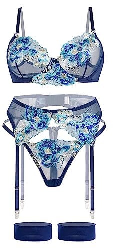 Aranmei Sexy Lingerie Set for Women 4 Piece Lingerie Set with Floral Embroidered Lace Sheer Underwire Bra with G-String Thigh Bands with Garter Belt, Blue XL