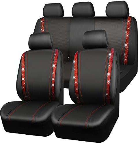 CAR PASS Wasserdicht Leder Autositzbezüge, Bling Diamant Komplettset Sitzbezug, Glänzend Kristall Glitzernd, Universal für 95% Aller Automobile LKW SUV, Frauen Damen Mädchen(Komplettset, Rot)