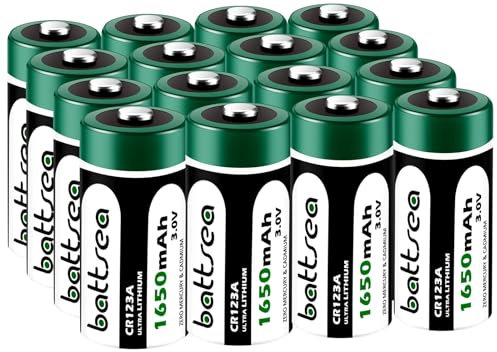 Battsea Lithium-Batterie CR123A 3V, 1650mAh 16 Pack CR123 High Power 123A Foto Batterien CR17345 PTC geschützt für Kameras Taschenlampen 10-Jahres Haltbarkeits-Ersatz