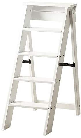 Taburete de escalera plegable de madera de 5 peldaños, silla de escaleras de tijera blanca antideslizante de seguridad Estante multifuncional Soporte de flores Escaleras de escalera para cocina