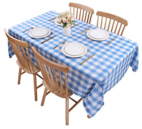 Kesfey Gingham Tablecloth Polyester 140x200cm Wipe Clean, Checkered Fabric Stain and Wrinkle Resistant Table Cloth for Dining Room and Outdoor Use, Rectangle Plaid Tablecloth(Sky Blue)