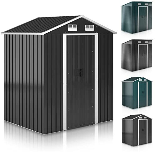 Jago® Abri de Jardin - 182×186×118cm, en Acier, Porte Coulissante, Résistant, Cadre Fondation, Toit Penché, Gris Foncé - Cabane Extérieur, pour Stockage et Outils