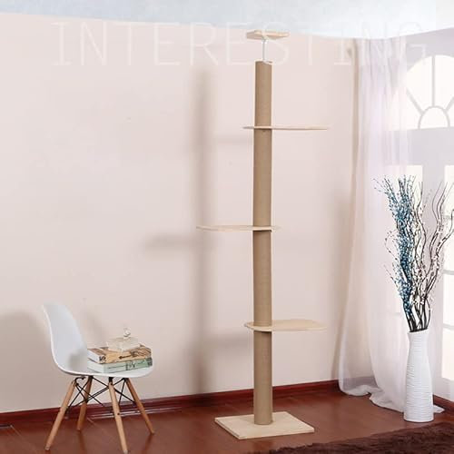 Three Tier Cat Tree Tall Cat Scratching Post, Wood Cat Tower Floor To Ceiling Adjustable, Cat Climbing Tower Vertical,B