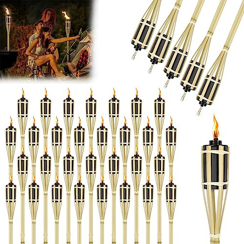JOIEYOU Gartenfackeln aus Natur Bambus für draußen 36 Stück Ölfackeln Stimmungsvolle Fackeln mit Docht Deko Öllampe Wegleuchte Höhe: 90 cm