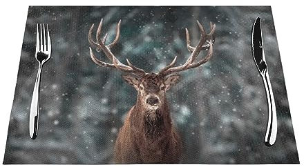 Tischsets 1–6 Sets, Wald, Hirsch, Winter, Schnee, waschbare Tischsets für Küche, Esstisch, 30 x 45 cm, 6 Stück