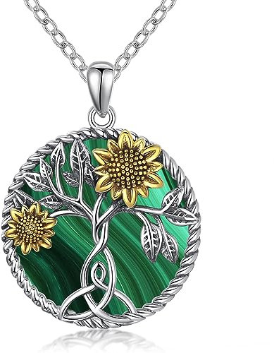 Malachit-Sonnenblumen-Halskette für Damen, 925er Sterlingsilber, Malachit-Baum des Lebens, Sonnenblumen-Anhänger, Schmuck, Geschenke