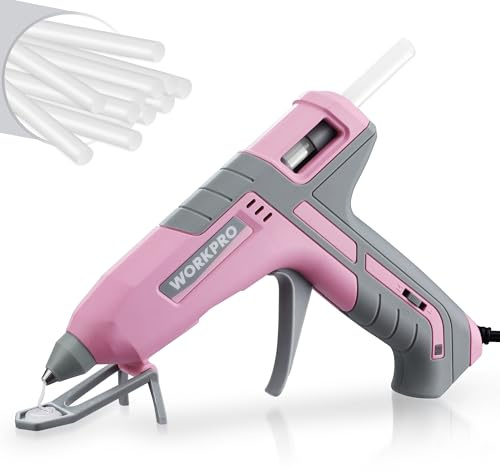 WORKPRO Hot Glue Gun Full Size - 60/100W Dual Temp Glue Gun and Sticks Set with 10 PCS Glue Sticks (7/16) - 90S Fast Preheating Hot Glue Gun for Construction, Crafting, DIY and Repairs - Pink Ribbon