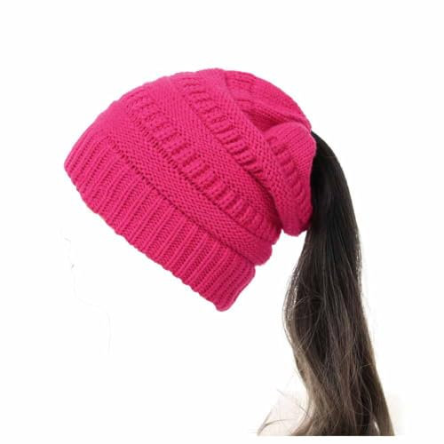 SHTGOI Pferdeschwanz Mütze Wolle Strickmütze Weiche Stretch Wintermütze mit Loop Zöpfen Loch Slouch Beanie Mütze Grobstrick Häkelmütze Warme Hut für Damen und Mädchen mit Langen Haaren Rosa