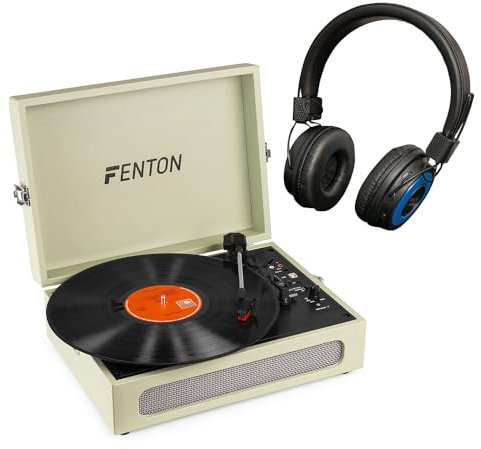 Fenton RP118C Green Briefcase Record Player with Bluetooth Headphones, Vinyl to MP3 USB Encoding, Built-in Stereo Speakers, Bluetooth In & Out, Portable Vintage-Style Turntable Set
