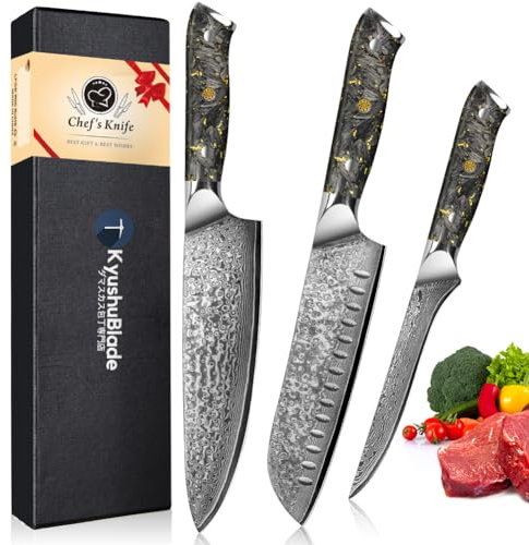 kyushublade Küchenmesser Set 3er Verbundstahl Chefmesser Set, Kochmesser Set Damaststahl, Profi Scharf Edelstahl Messerset Chefmesser Santokumesser Filetiermesser Ergonomischer Griff