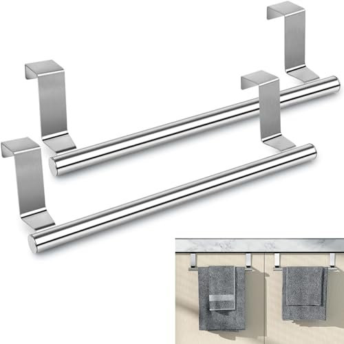 Difistik 2Pcs Over Door Towel Rail, Kitchen Towel Rail Tea Towel Holders Stainless Steel Over the Door Towel Rail, Towel Holder for Cupboard Drawer Cabinet, Anti Slip Scratch Protecting Stripe