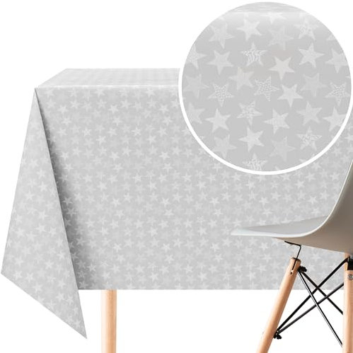 KP HOME PVC Wachstuchtischdecke Rechteckig 200x140 cm - Abwischbare Tischdecke Wasserdichtes für 6 Personen - Vinyl Tischtuch, Tischdecke Kunststoff, Grau mit weißem Sternenmuster