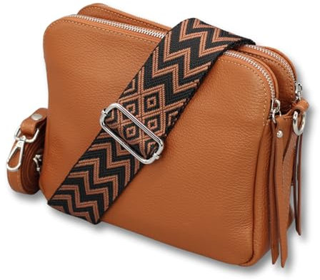 ADEL Umhängetasche Damen Echtes Leder MARA Handgemachte Crossbody Bag 5 Fächer Schultertasche mit Ledergurt + Breitem Gemustertem Riemen Verstellbarer Gurt Made in Italy (Cognac Braun)