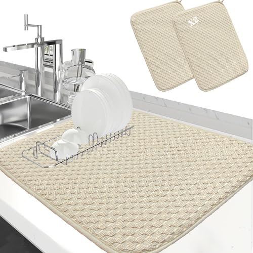 LIBRNTY 2 Stück Abtropfunterlage für Küche,Spülbecken-Trockenmatte,Geschirr-Abtropfmatte,Mikrofaser Schutz für Küche und Spüle,Trockenmatte als Abtropf Unterlage für Küche und Spüle (Beige)