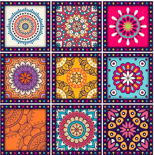 HUBDECO - Fliesenaufkleber - Küche, Badezimmer Deko - Klebefliesen - Wand Deko - Klebefolie Küche - Küchenrückwand Deko - Selbstklebende Fliesen - 9 Stk. - Mandala Stil - 10x10cm