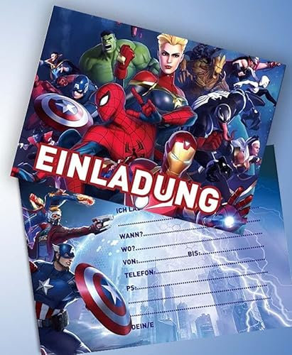 VSW 12 Einladungskarten & 12 Umschläge für Geburtstag Partys und Kindergeburtstag The Avengers Nr. 65