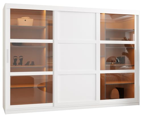 MEBLE KRYSPOL Dome 3 Schrank mit DREI Schiebetüren, Stangen und Regalen - Aufbewahrungsschrank mit Rauchglas für Schlafzimmer, Wohnzimmer - 200x250x62cm - Weiß, Weiß, Silber