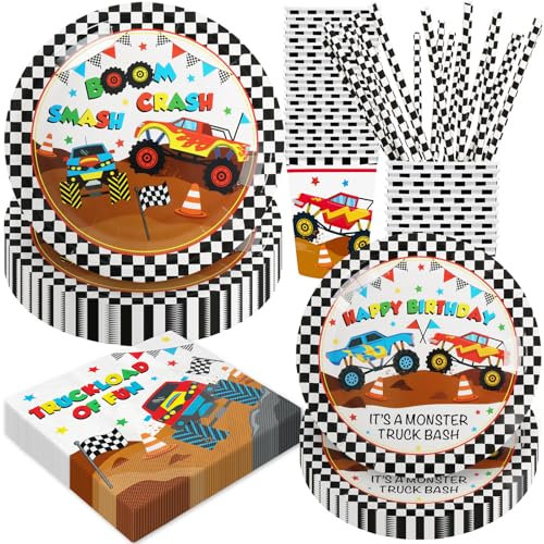 BOIKOKY 120 Pièces Décorations de Fête d'Anniversaire sur le Thème de Monster Truck, Fournitures de Fête sur le Thème de Monster Truck, Vaisselle Jetable | Pour 24