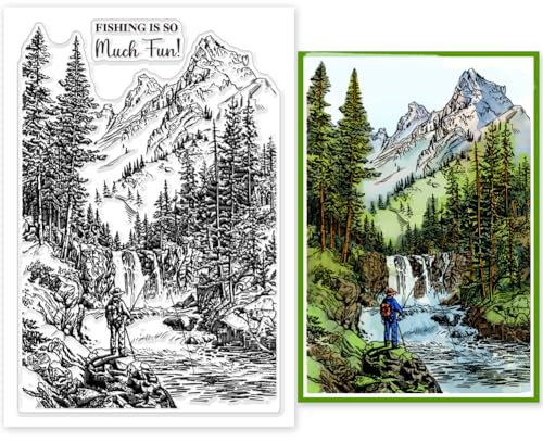 GLOBLELAND Waldangeln Hintergrund Silikonstempel Bergbaum Fluss Transparente Stempel Campingplätze Klare Stamps Für Karten Herstellung DIY Scrapbooking Basteln