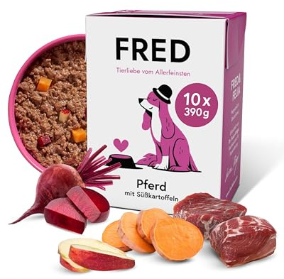 FRED Hundefutter Pferd mit Süßkartoffeln 10 x 390 g I Monoprotein Nassfutter mit Muskelfleisch I Hypoallergen & gut verträglich I Mit Roter Bete & Ölen I Alleinfuttermittel für ausgewachsene Hunde
