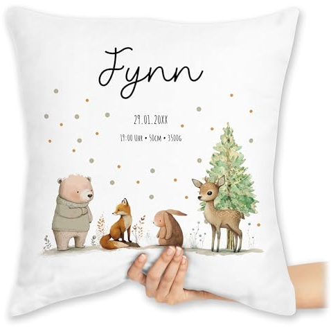 Kissen 40x40 Zierkissen - Tiere - Geschenk zur Geburt süße Waldtiere mit Name und Geburtsdaten I Geburtsgeschenk Mädchen mit Datum Gewicht Uhrzeit I Baby Geldgeschenk - 40 x 40 cm - Weiß - Tier