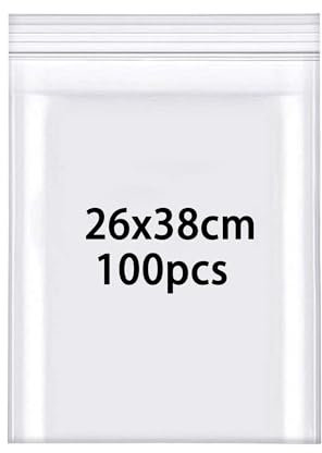 Rshuhx 100pcs Plastic Resealable Clear Grip Seal Bags Heavy Duty Thicken 160μm 26cmX38cm A4 Sealable Bags Suitable for Books Documents Clothes Jackets Shirts Hats Scarves Shoes Travel Storage