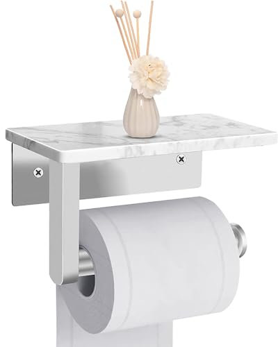 Celbon Toilet Paper Holder with White Marble Storage Shelf Stainless Steel Self Adhesive/Screw Mount Toilet Roll Holder for Bathroom Washroom Rustproof Tissue Roll Holder with Shelf (Brush)