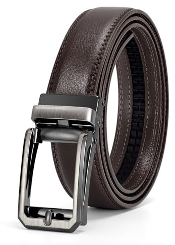 SUOSDEY Herren Ratschengürtel, Automatischer Ledergürtel für Business Anzug Jeans Hosen Verstellbar Ohne Löcher 30mm Breite kaffee