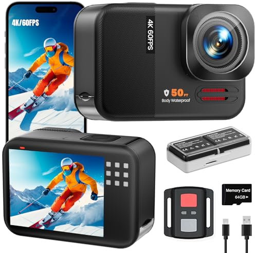 Euorosi 4K 60FPS 48MP WiFi Action Camera with Touch Screen, 50FT Underwater Waterproof Camera, No Case Needed, EIS Motorcycle Camera, 8X Zoom, 64GB Card, Remote Control, Batteries & Mounting Kits