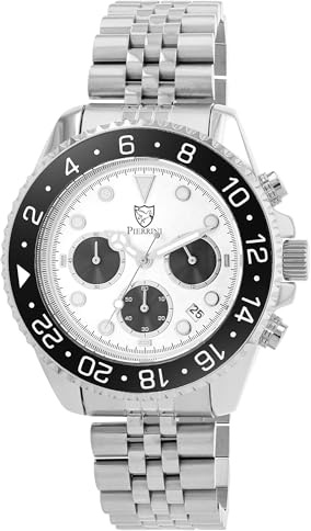 Pierrini Herren Chronograph Armbanduhr – Edelstahl Uhr mit Stoppuhr & Datumsanzeige – Quarzuhr sportlich elegant mit Leuchtzeigern & Geschenkbox – 3 ATM wasserdicht (Silber/Schwarz/Silber)