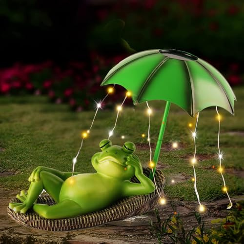 Solar Frosch Gartendeko, Frosch Deko Garten mit Wasserdicht Lichterketten Regenschirm, IP65 wasserdichte Lustige Frosch Statue, Niedliche Tierskulptur aus Kunstharz mit LED, Geschenk für Frauen Mama