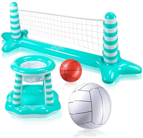 Pesoncarl Aufblasbarer Poolvolleyball -Set, 114x28x35 Poolvolleyball -Netz ＆ 27x23 Basketball Hoop, PVC schwimmende Sommerspiele für Kinder und Erwachsene, Spielzeug