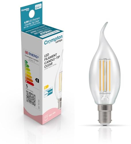 Crompton Lamps Bent-Tip Candle LED Light Bulb SBC-B15d | 4.2W = 40W Equivalent | Warm White 2700K | Flame Tip | Small Bayonet Lightbulb | Long Life 10,000-Hrs | Clear Glass | Dimmable