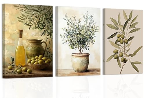 CXHOSTENT Vintage Küchenwandbilder 3-teiliges Set mit Olivenmotiven grüne botanische Leinwanddrucke rustikale Wanddekoration mit Olivenzweigen gerahmt (30x40cmx3)