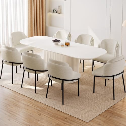 Guyii Esszimmertisch Set mit 8 Stoffstühlen, Skandinavisches Design Esstisch, Weißer Tisch für Esszimmer Küche Wohnzimmer, Modern Minimalistisch, Stabil & Pflegeleicht (1 Esstisch 8 Stühle, 220 cm)