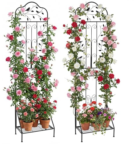 RELAX4LIFE Rankgitter Metall, Rankhilfe für Kletterpflanzen, Rankspalier mit klappbarem Unterregal & Kippschutz für Kletterpflanzen, Spalier Garten, Gartendeko für Blumen Obst Gemüse (Schwarz,2 Pack)