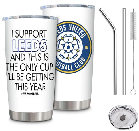 Fakcrkun Leeds Travel Mug, Football Fans Insulated Coffee Travel Mug with Stainless Steel & Straw Lid Set, Travel Cup Football Gifts for Leeds Fans, Supporters, Match Day