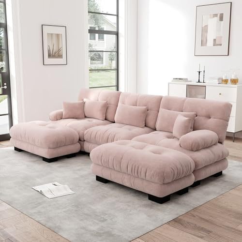 BLUON HOME Bigsofas XXL,U-Sofa,Schlafsofa, Luxuriöses Modulares Ecksofa - Übergroßes U-förmiges Cloud Couch für Wohnzimmer, Tiefensitz Verwandelbares Schlafsofa mit Ottoman, Chenille Hellbraun (Pink)