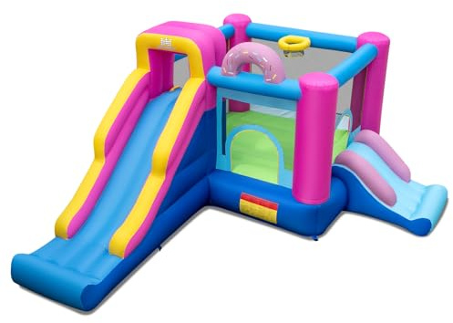 COSTWAY Castillo Hinchable Grande para Niños, Castillo Inflable Infantil con Tema de Dona con Toboganes Largos, Área de Salto, Muro de Escalada, Aro de Baloncesto, 454 x 338 x 200 cm (Sin Soplador)