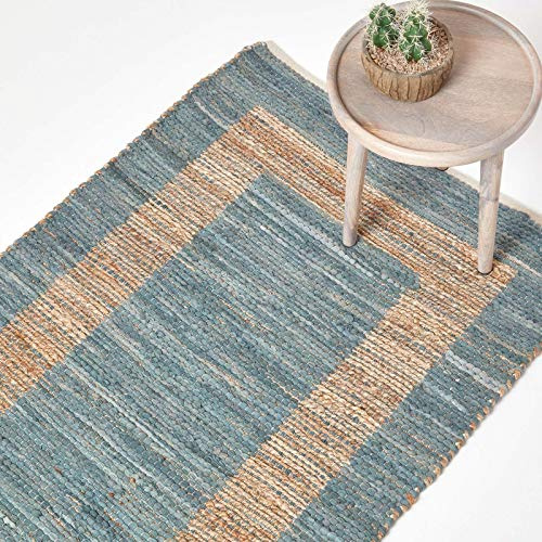 HOMESCAPES Modern Rug Handwoven Natural & Grey Hemp & Cotton Chindi Rug ‘Veranda’ Contemporary Rug, 90 x 150 cm