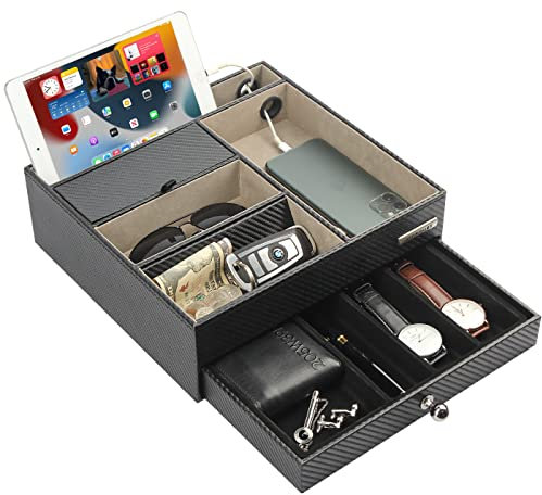 JackCubeDesign Multi-Functional Night Stand Black Leather Jewellery Box Catch All Valet Tray Organiser Storage Case Tray with Drawer and Charging Hole(Black, 28 x 27 x 8.9 cm)- :MK389A