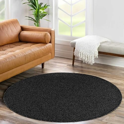 HomebyHome Kurzflor Teppich Wohnzimmer 200 cm Rund Anthrazit - Modern Gabbeh-Look Teppich Extra Weich, Pflegeleicht und Langlebig - Ideal für Schlafzimmer, Küche und Esszimmer