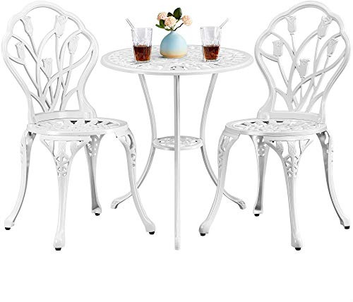 Yaheetech Set di Tavolo e Sedie da Giardino Set Mobili 2 Sedie 3 Pezzi Bistrò Veranda Balcone Motivo a Tulipano Lega di Alluminio Bianco