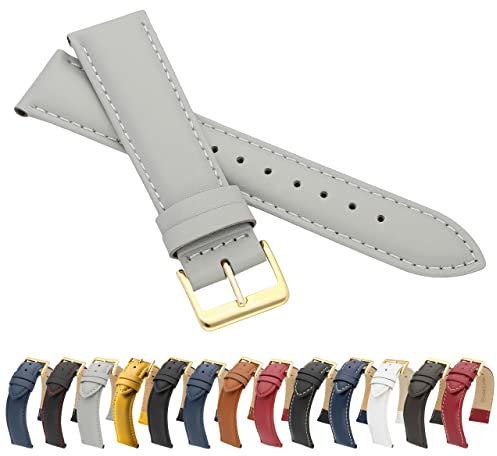 MARCHEL Glattleder LLB155 20 mm Grau Gold Lederarmband Echtleder Uhrenarmband Rindsleder Feines Leder Uhr Band