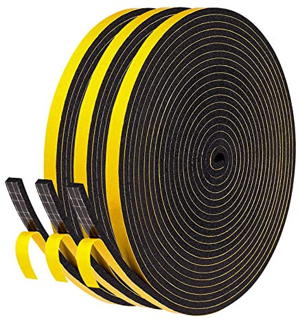 fowong Adhesive Weather Stripping Foam Tape 6mm(W) x 3mm(T) Window Door Draught Excluder SoundProof Weather Strip Tape Seals for Gap Seal, 3 Rolls Total 15M Long