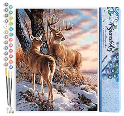 Figured'Art Malen Nach Zahlen Erwachsene Hirsch im Winter - Paint by Numbers Basteln DIY Bastelset 40x50cm ohne Holzrahmen
