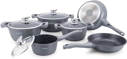 Royalty Line® BS1010M Topfset 13 Tlg. Silber- Töpfe Set geeignet für Induktion - Kochtopf Set & Pfannen mit Anti Haft Beschichtung - Pfannenset aus Alu mit Hitzeschutz Silikon Griffen - mit Deckel