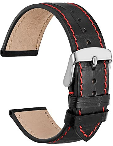 WOCCI 21mm Uhrenarmband Leder für Damen und Herren, Geprägtes Alligator, Silberne Schnalle (Schwarz mit Roten Nähten)
