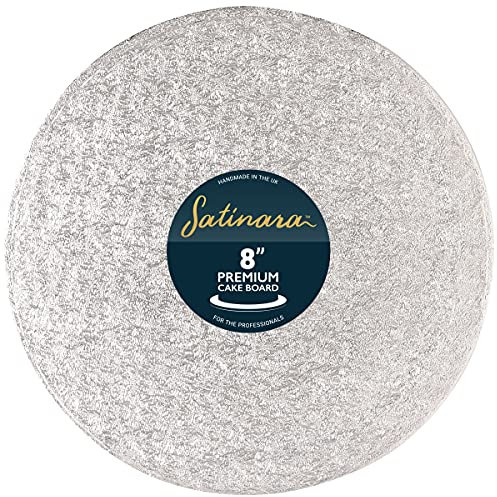 Satinara, 8 Cake Board, Luxury Cake Drum, Individually Wrapped, Silver Foil Covered, 12mm thick - 8 Inch Round, Single